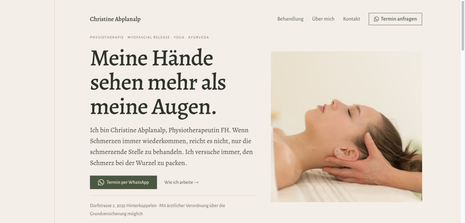 Screenshot der Website der Physiotherapiepraxis von Christine Abplanalp in Hinterkappelen