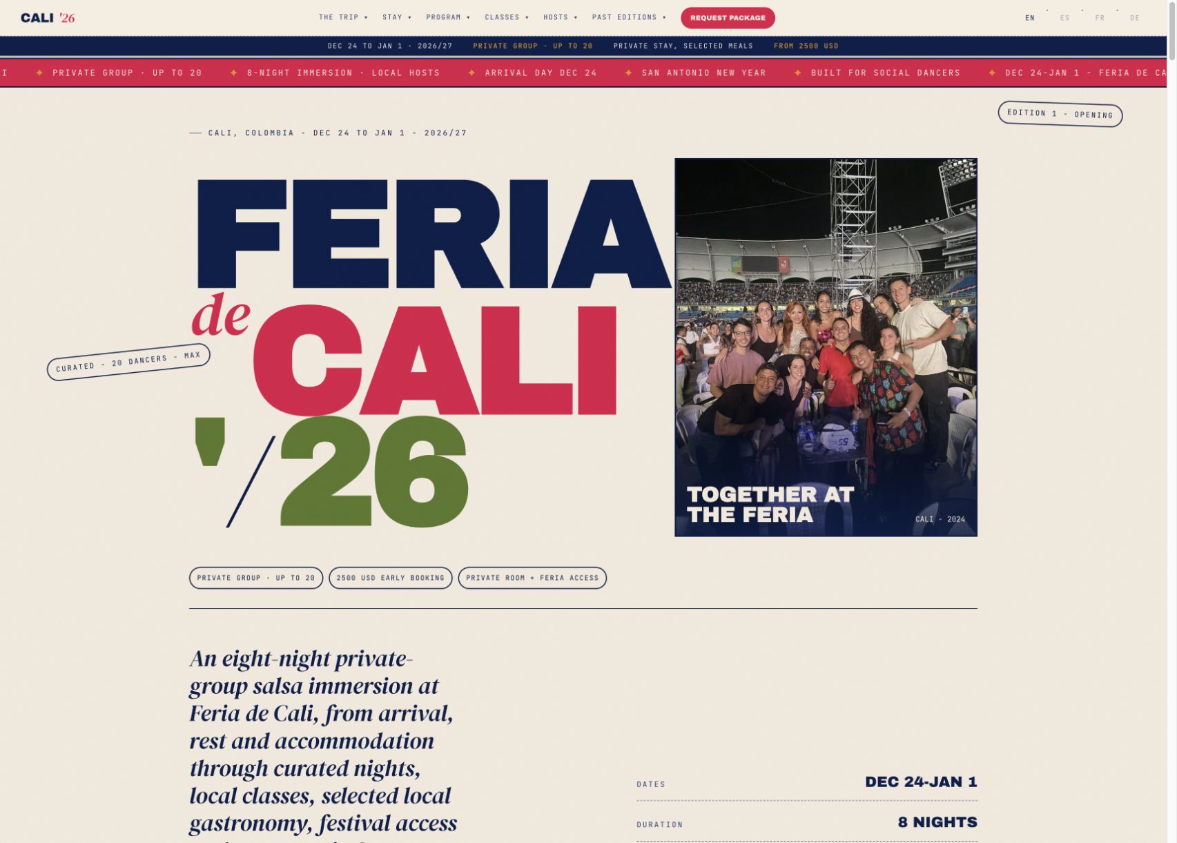 Screenshot der mehrsprachigen Reiseangebots-Website Cali 2026