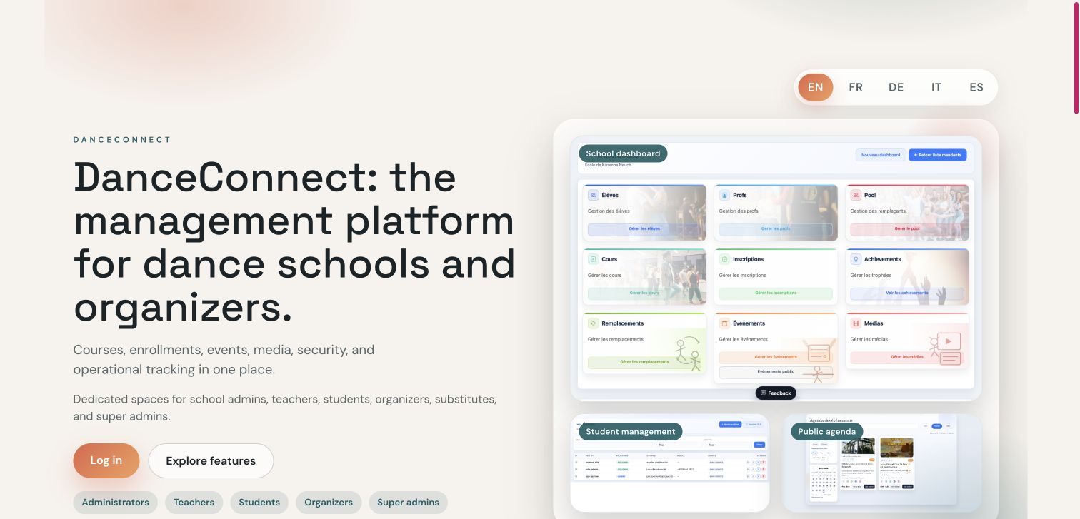 Screenshot der öffentlichen Präsentationsseite von DanceConnect, einer Plattform für Tanzschulen