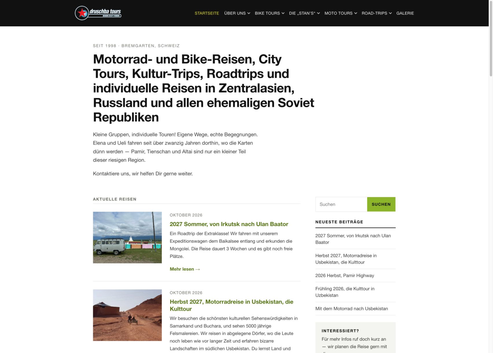 Screenshot der öffentlichen Reisewebsite von Druschba Tours