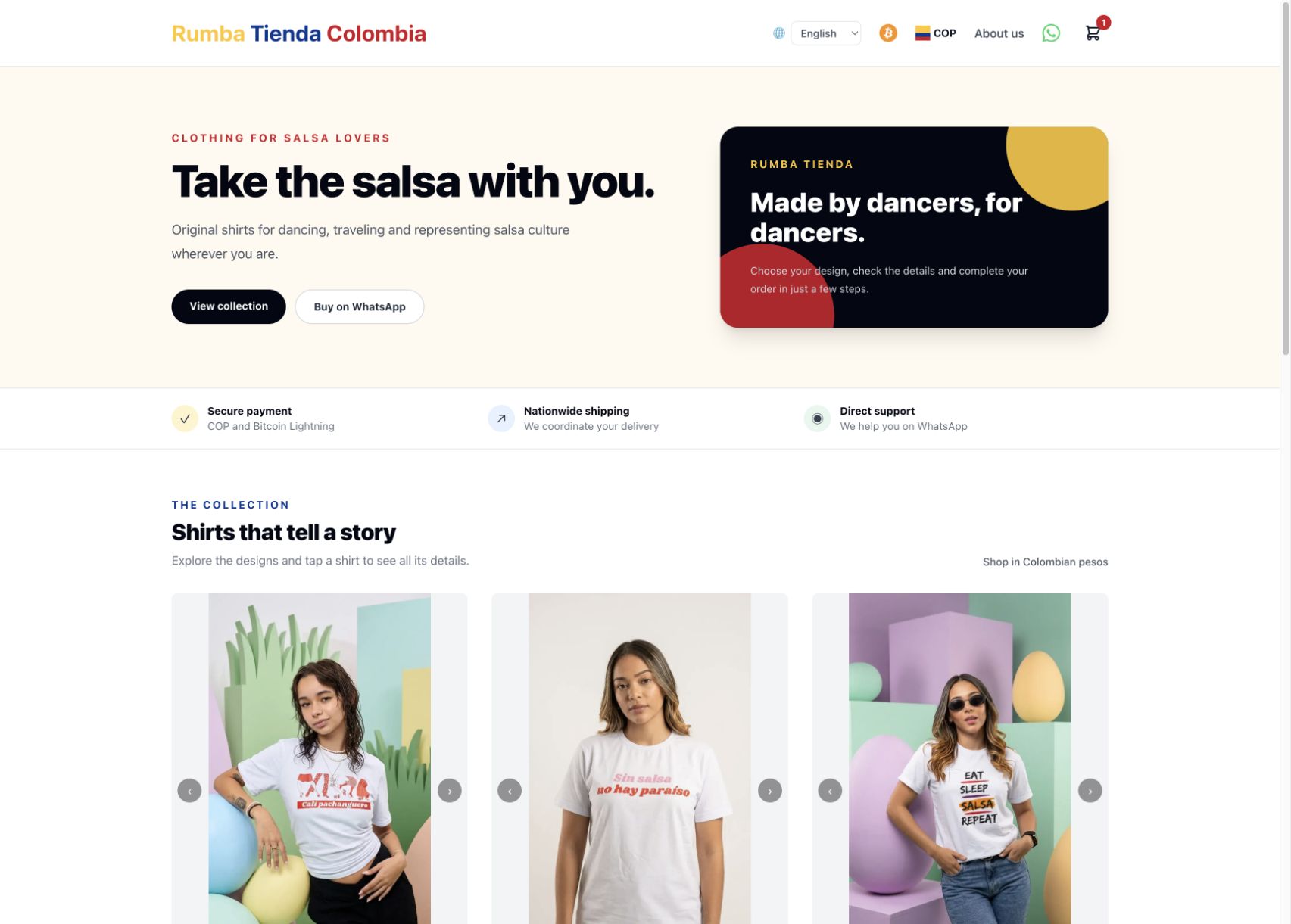 Screenshot des öffentlichen T-Shirt-Shops Tienda mit Bestellabwicklung