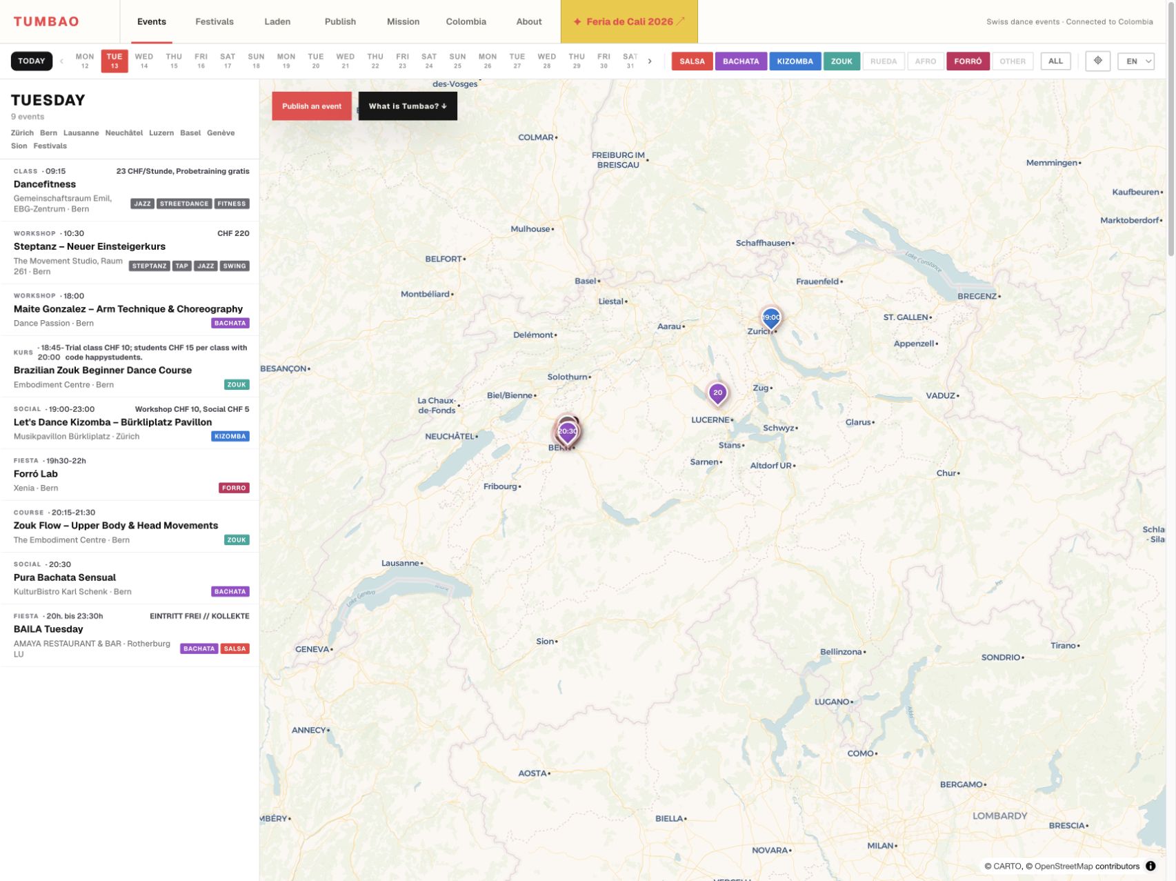 Screenshot der öffentlichen Community-Plattform Tumbao.ch für die Schweizer Tanzszene